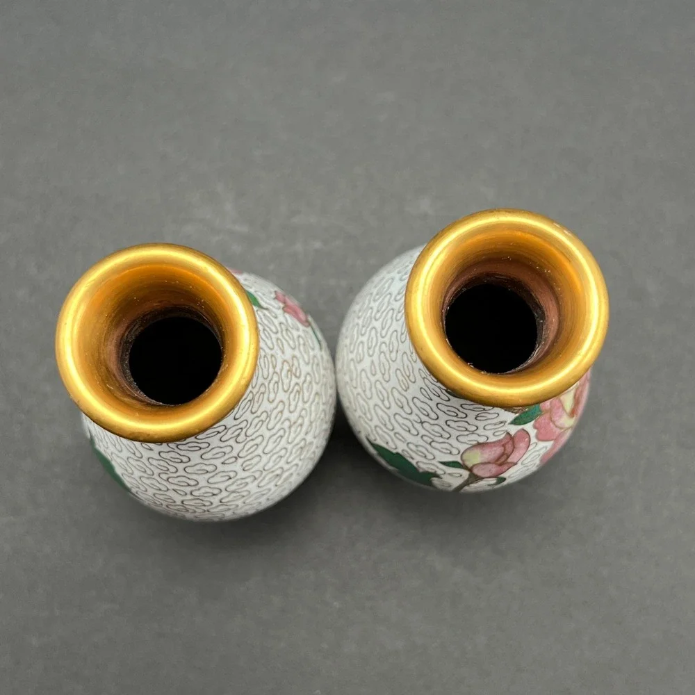 Vintage Cloisonne Vases White Floral Pink Peony Wood Stands Pair 4